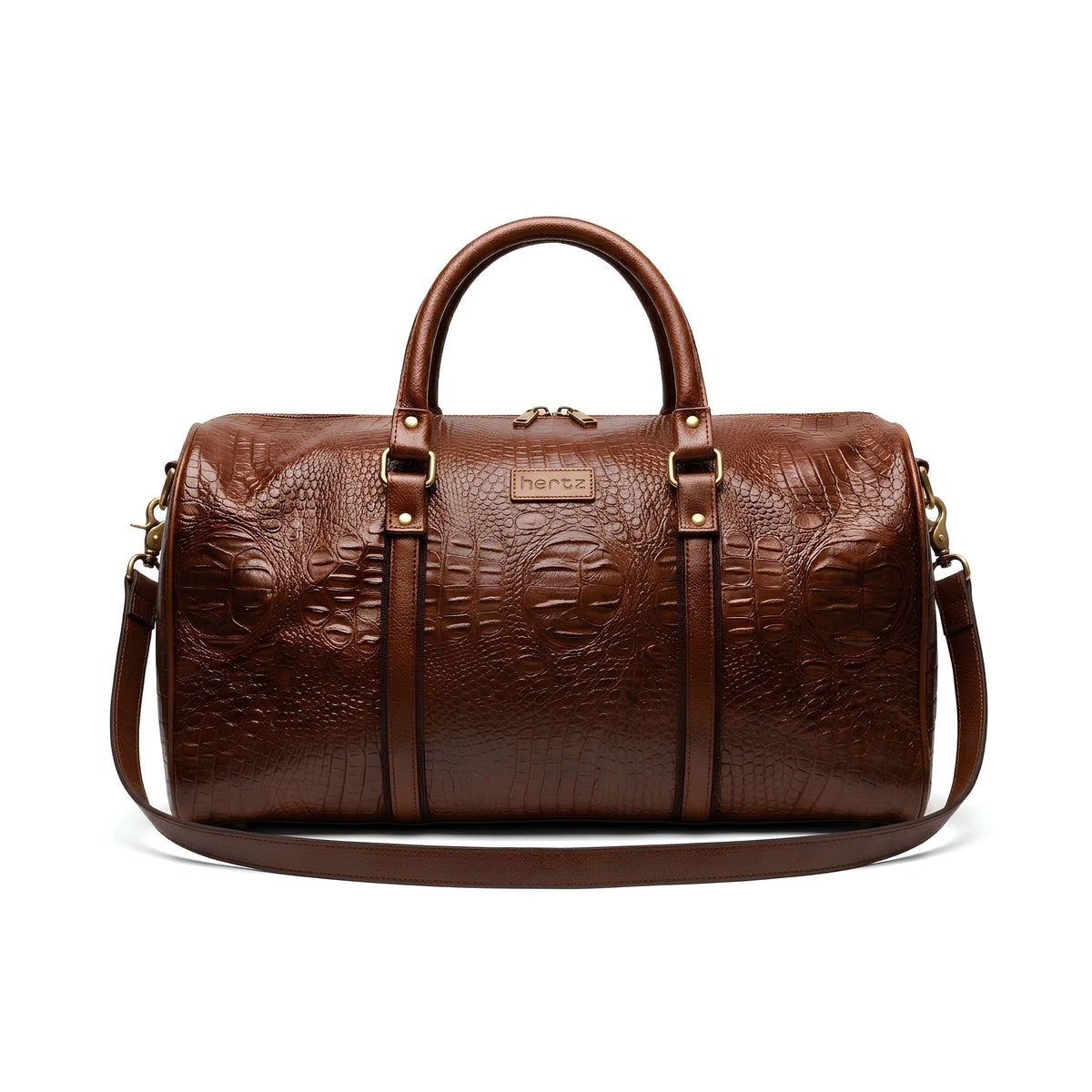 Black crocodile-print leatherette Wanderer duffle bag with zippered compartments and adjustable strap