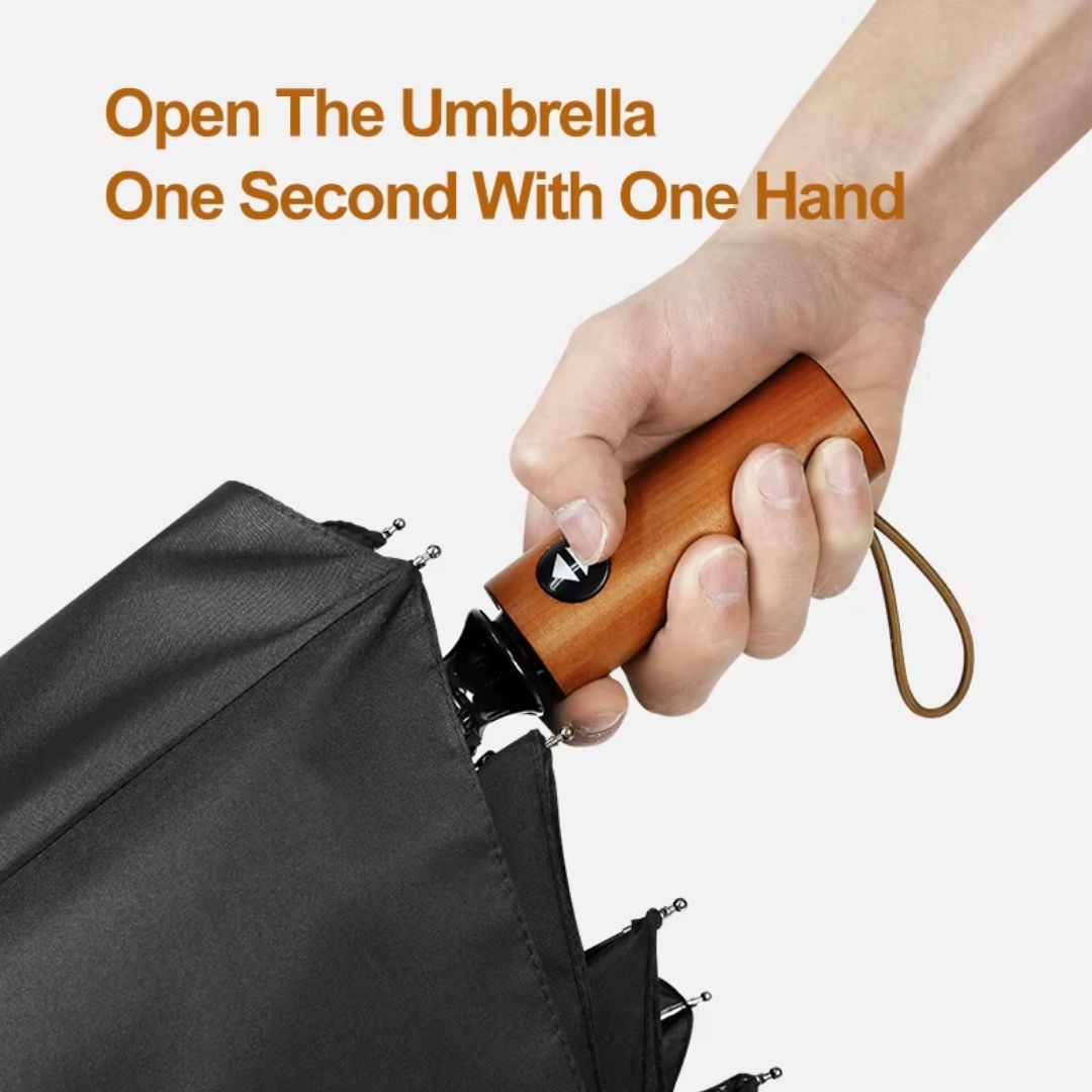 Hand pressing button on NertZ.in Heritage Umbrella handle to open it