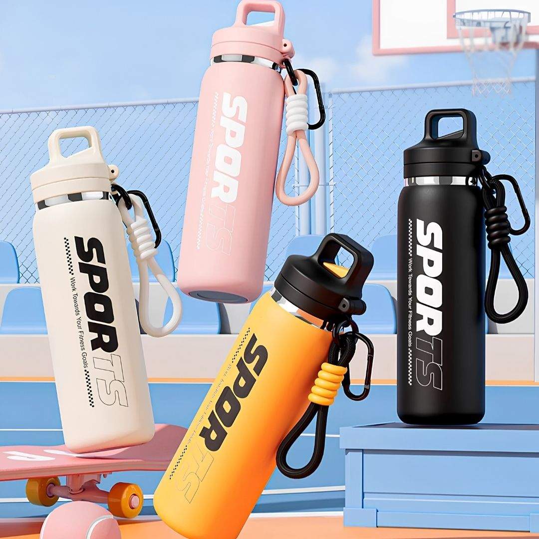 Nertz Active 600ml stainless steel insulated water bottle with flip-open lid and fabric loop handle for travel and workouts