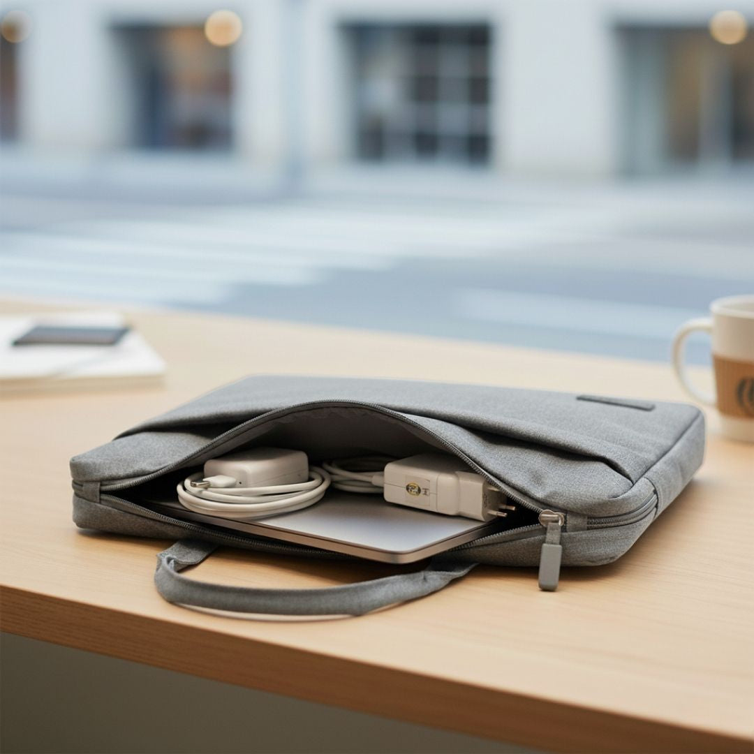Minimalist Executive Core laptop bag in black and grey with water-resistant oxford fabric and padded laptop compartment up to 15.6 inches