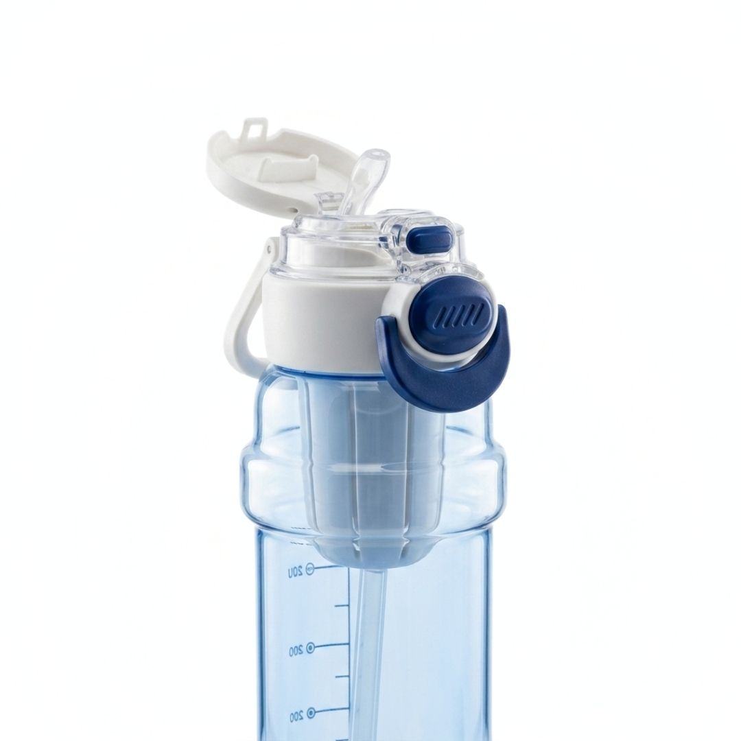 Nertz Glide high-capacity water bottle with dual lids, removable straw, and plastic strainer in green, designed for gym and travel hydration