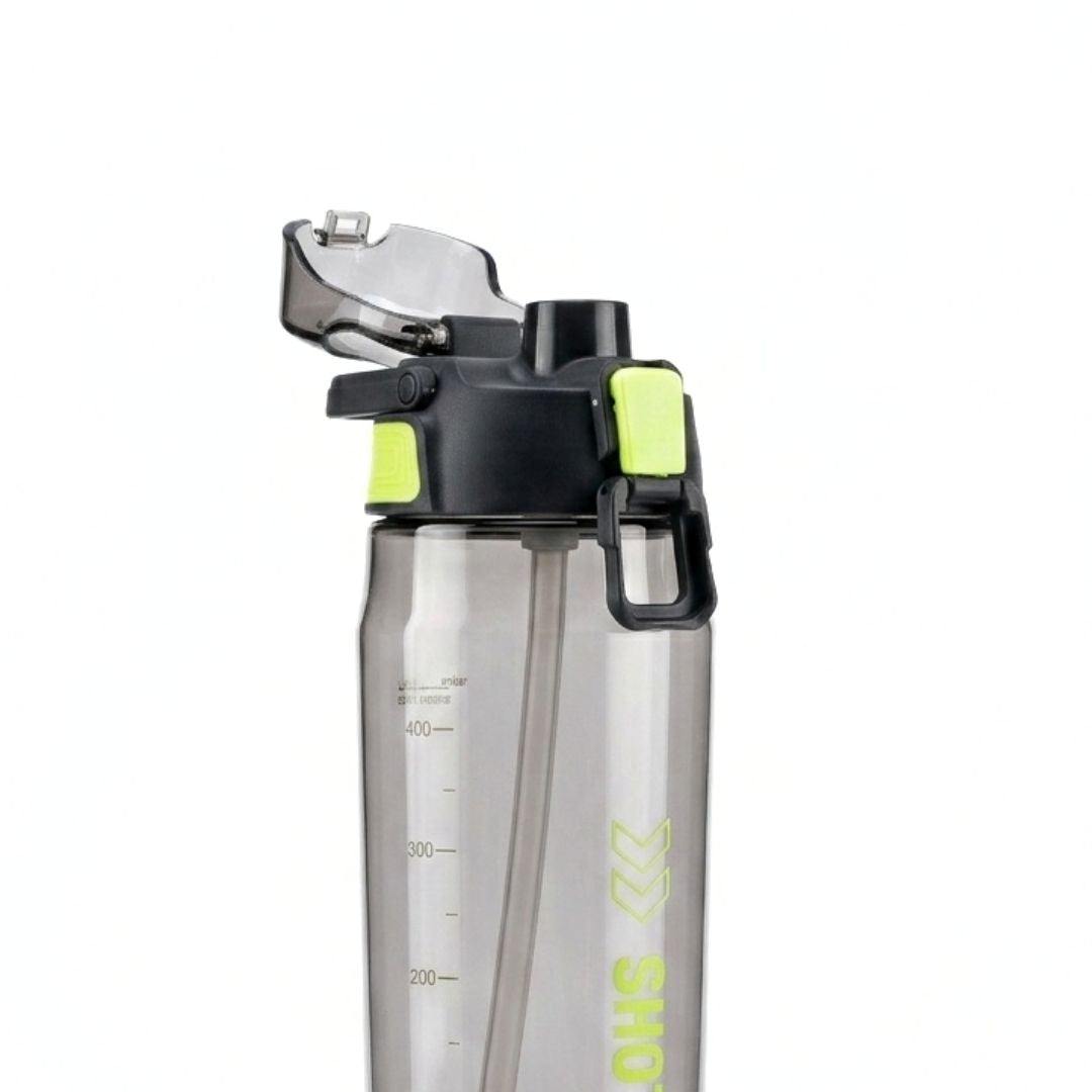 Nertz Aqua high-capacity water bottle with leak-proof flip-top lid and built-in strainer in grey and blue colors