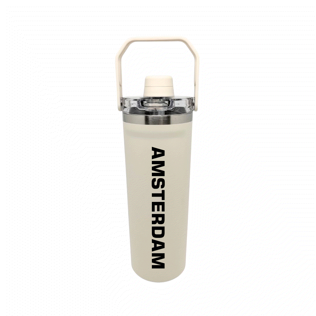NertZ.in Travel with Nertz Edition water bottle in cream with Amsterdam printed vertically