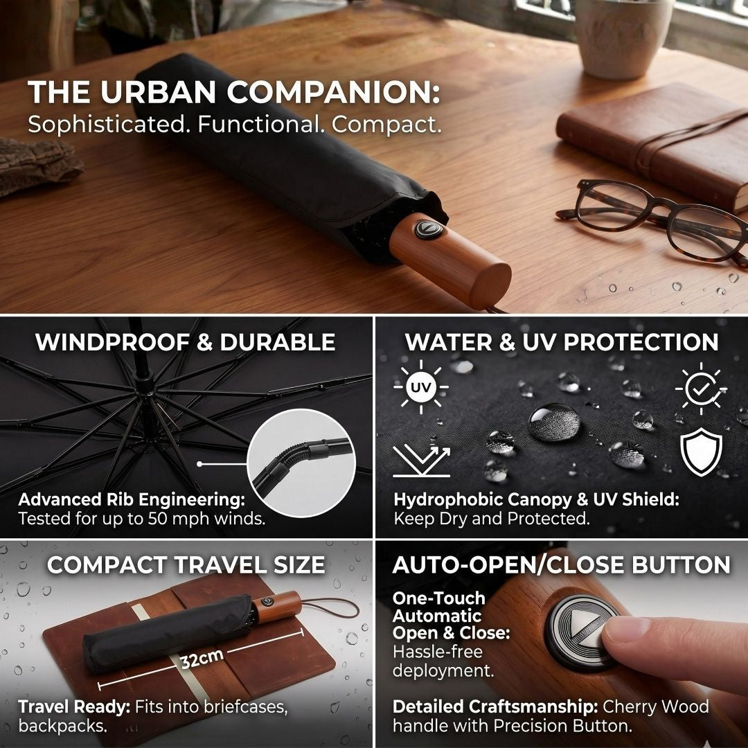 NertZ.in Heritage Umbrella with cherry wood handle and automatic open/close button
