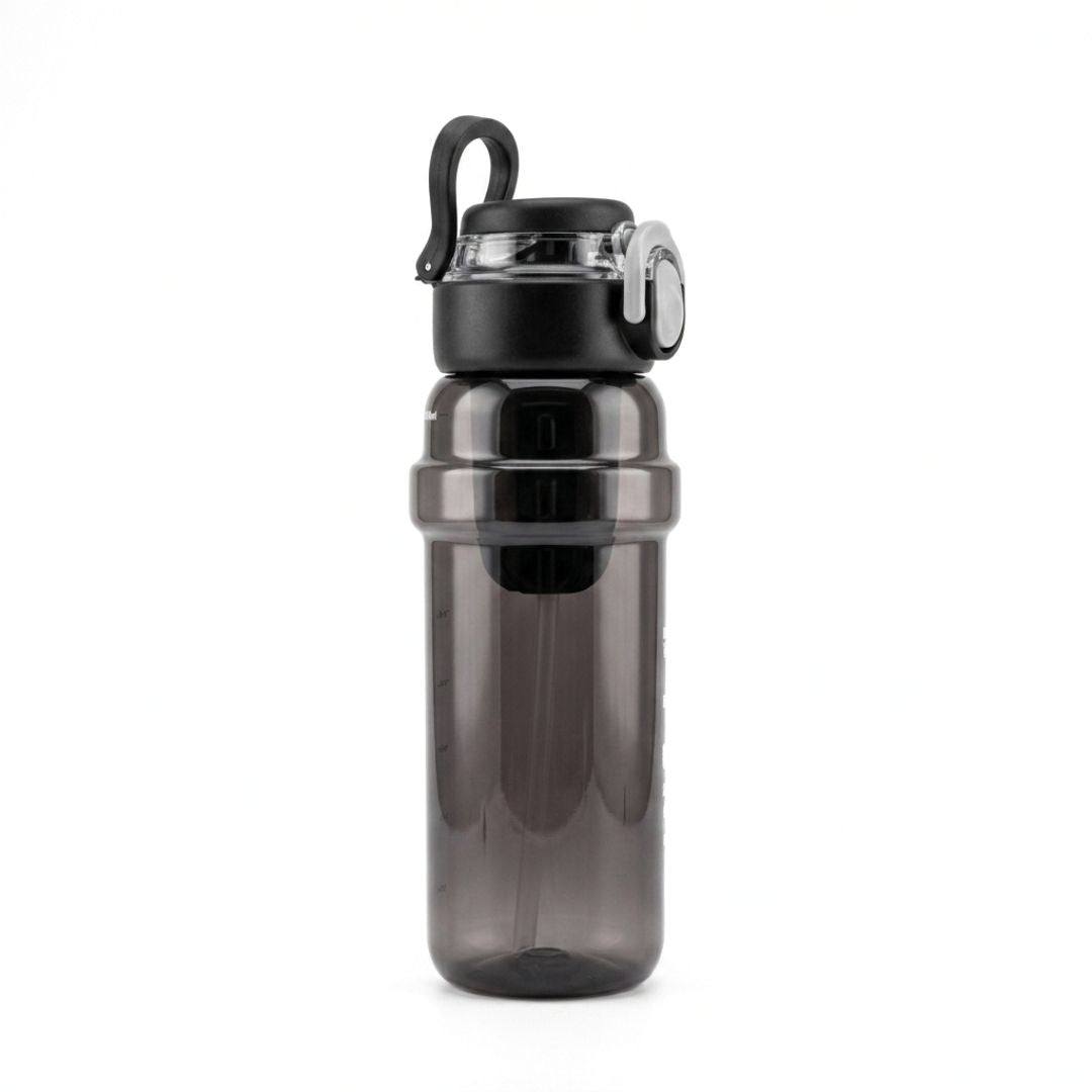 Nertz Glide high-capacity water bottle with interchangeable lids, removable straw, and plastic strainer in green color