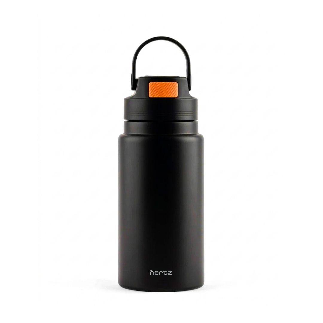 Nertz FlipSip 800 stainless steel insulated water bottle with flip-top lid and carry loop handle