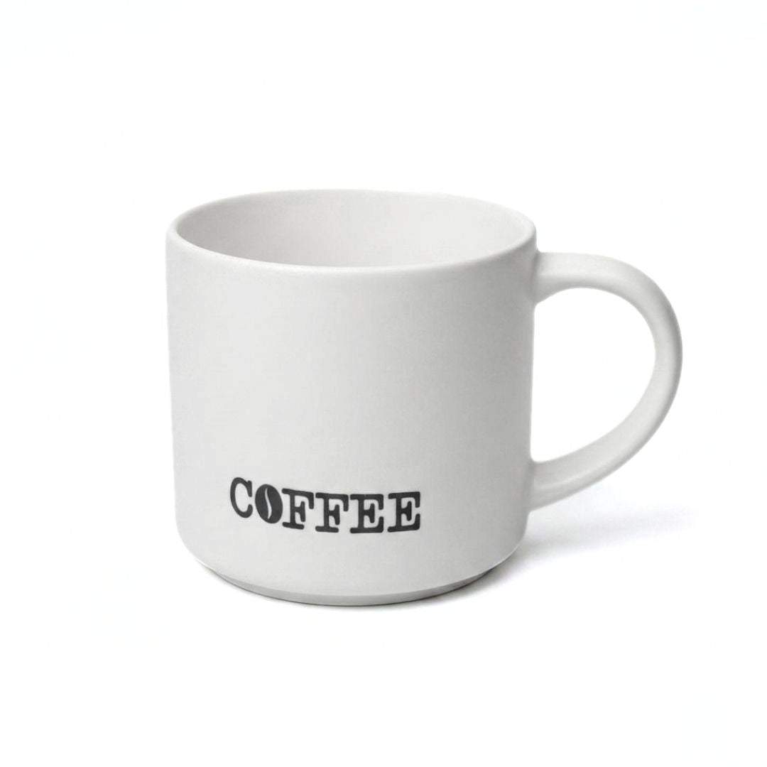 Set of two cozy ceramic coffee mugs in black and white with "coffee" text, 490ml capacity