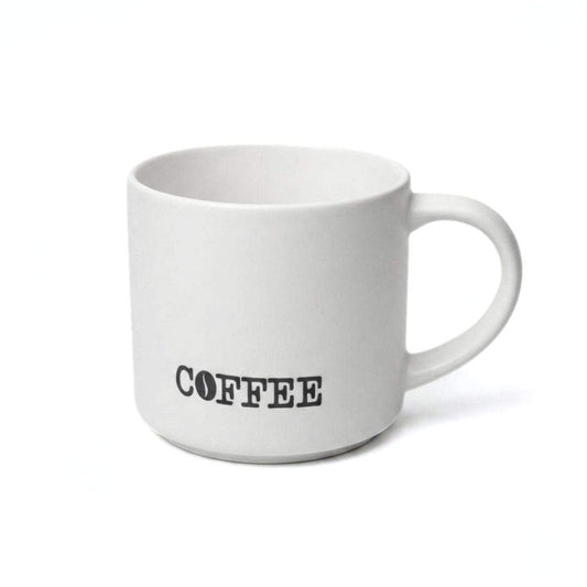 Set of two cozy ceramic coffee mugs in black and white with "coffee" text, 490ml capacity