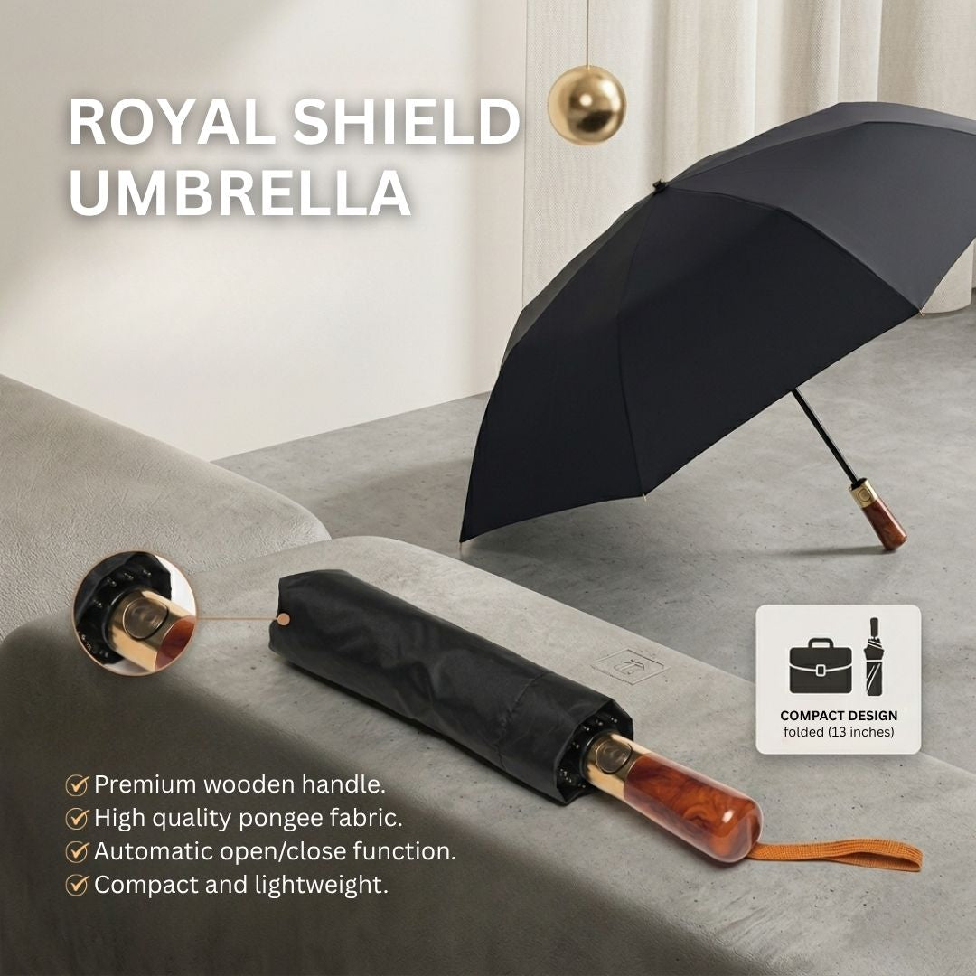 NertZ.in Royal Shield umbrella, open and closed, showing premium wooden handle and compact design