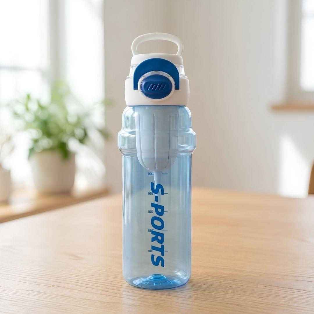 Nertz Glide high-capacity water bottle with dual lids, removable straw, and strainer in green, blue, black, and brown colors for gym and travel.