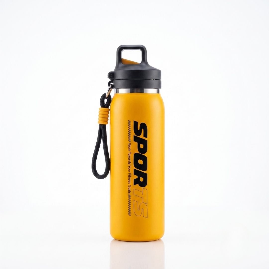 Nertz Active 600ml stainless steel insulated water bottle with flip-open lid and fabric loop handle for travel and workouts