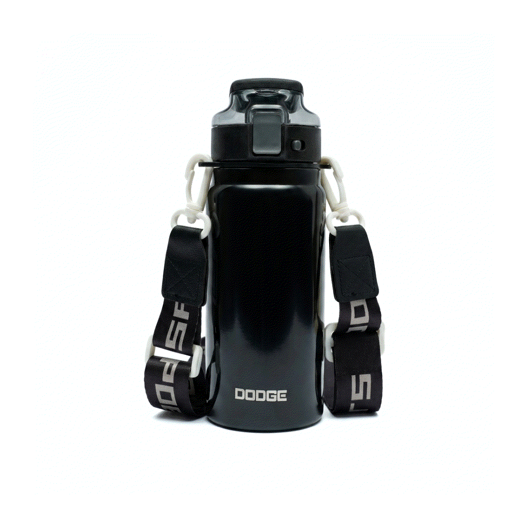 Dodge Blaze 620 stainless steel insulated water bottle with push-button flip lid and detachable sling strap in black and silver