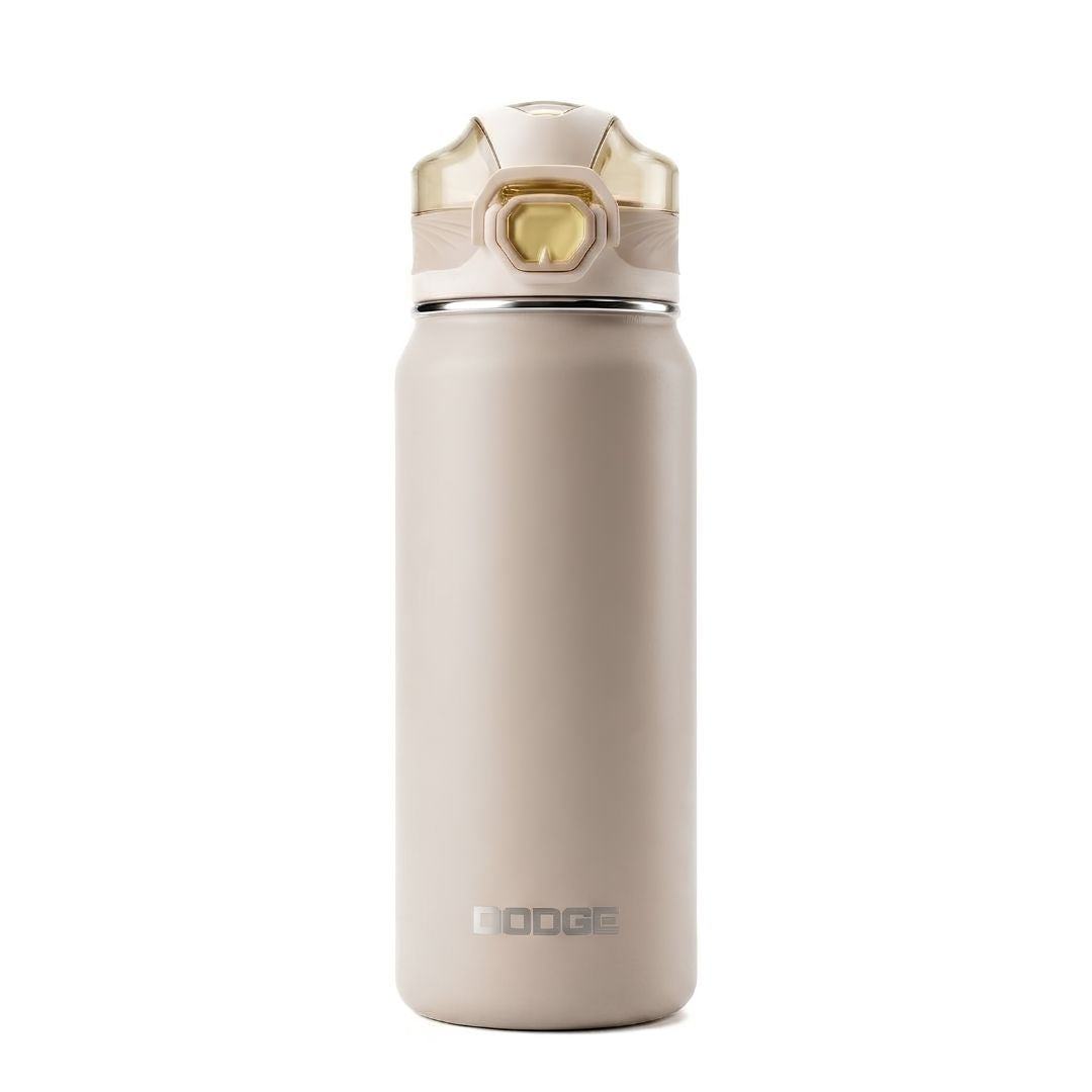 Dodge Chill 700 stainless steel insulated water bottle with flip-open lid and fabric handle in black and beige