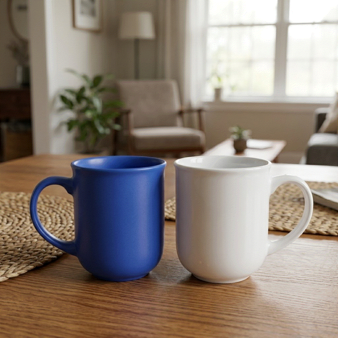 Two white and blue Aurora Sip Mug ceramic cups with matte finish, 370ml capacity pack of 2