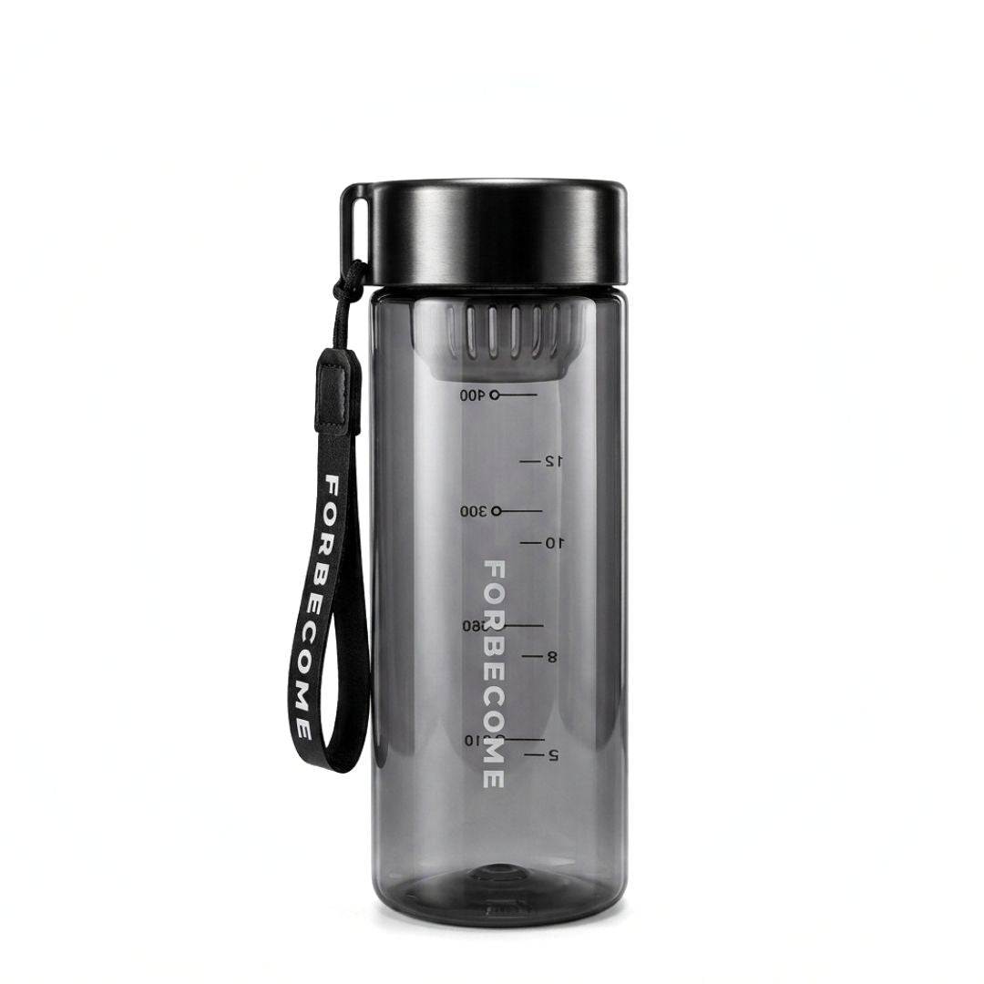 Nertz Thryve water bottle with screw-top lid and built-in strainer for infused water, BPA-free plastic, lightweight and portable.