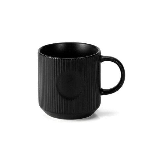 Linea Noir porcelain coffee mug with stylish vertical lines in black, white, orange, and green