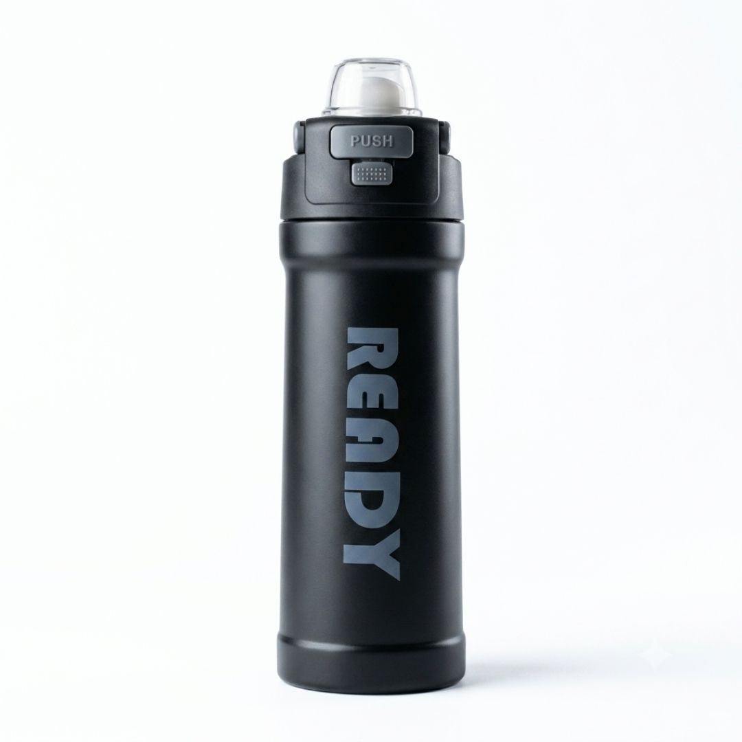ReadyFlow bottle black and white stainless steel with flip-top lid and carry loop