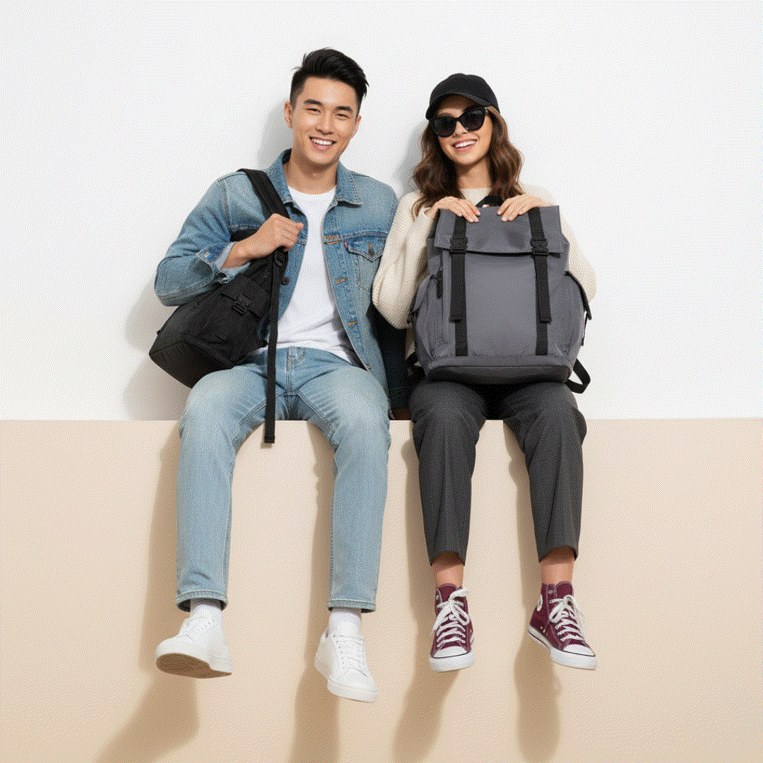 Black and grey LW Backpack with water-resistant Oxford fabric, dual buckle flap, and multiple compartments for laptops up to 15.6 inches.