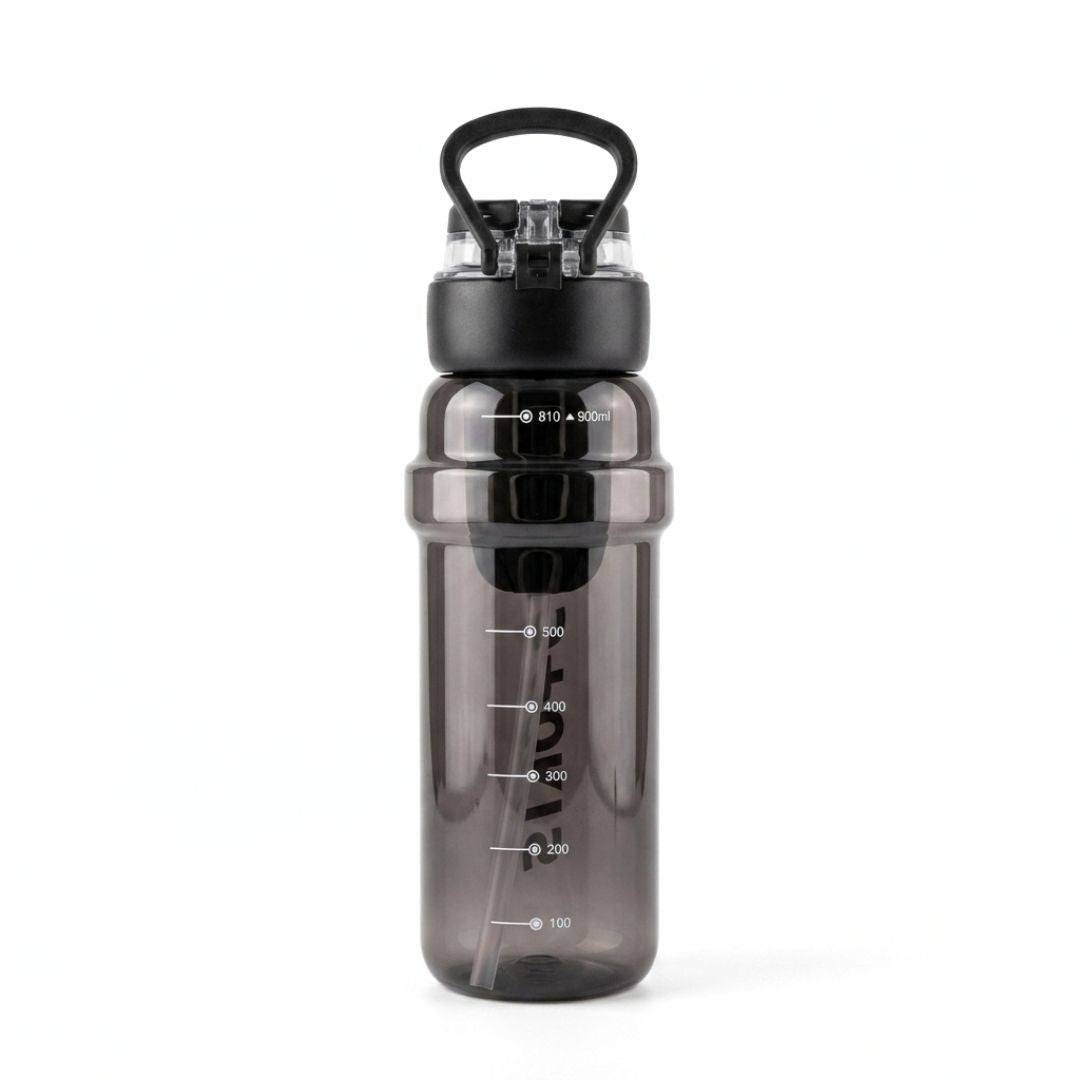 Nertz Glide high-capacity water bottle with dual lids, removable straw, and plastic strainer, designed from BPA-free plastic for gym and travel use