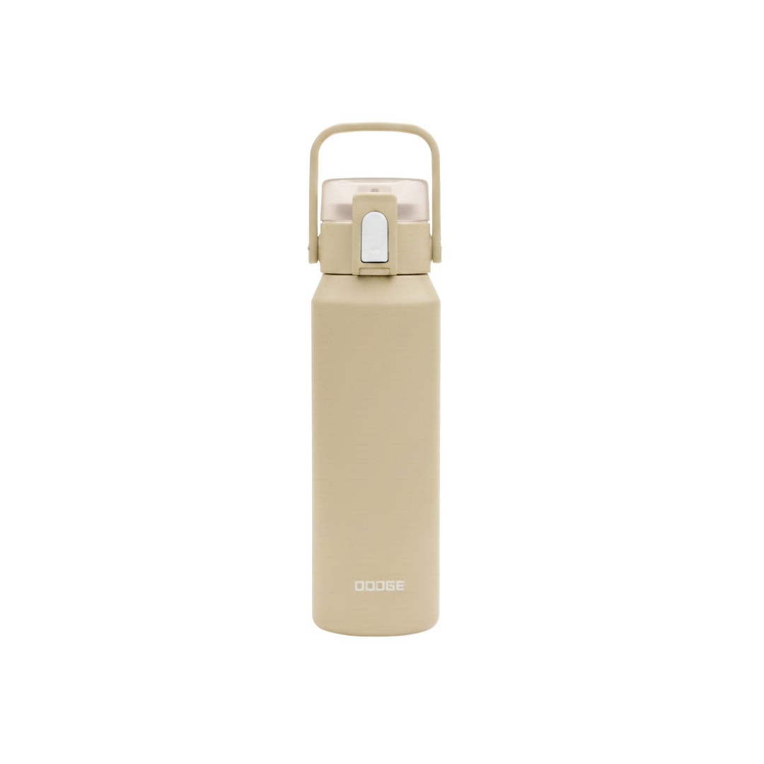 NertZ.in Dodge Flow 700 water bottle in a beige color with a handle and a white button