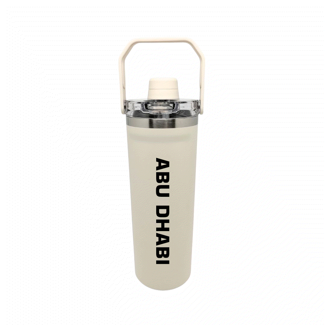 NertZ.in Travel with Nertz Edition water bottle, cream with ABU DHABI text