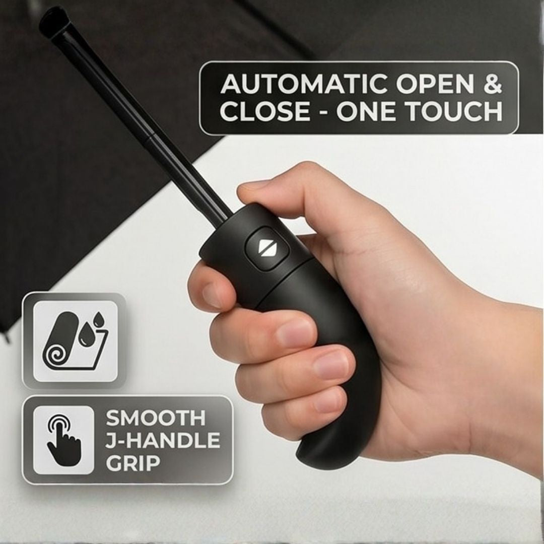 Hand holding NertZ.in Sleek Shield J umbrella handle with automatic open and close button