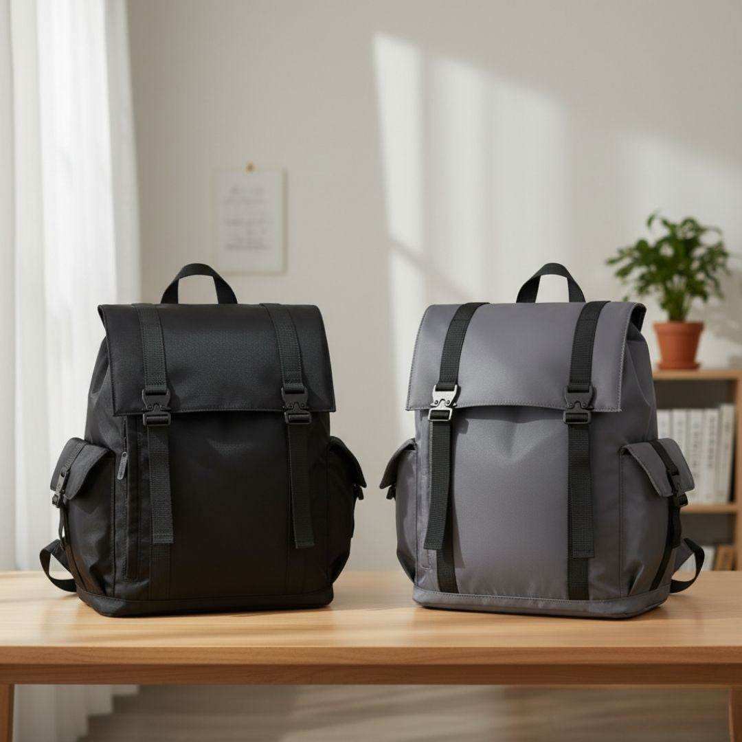 Black and grey LW Backpack made from water-resistant Oxford fabric with multiple compartments and dual buckle flap closure