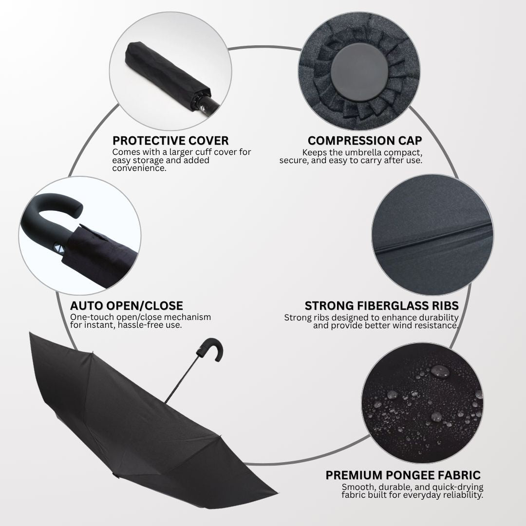 NertZ.in Sleek Shield J umbrella features: protective cover, compression cap, auto open/close, fiberglass ribs, pongee fabric