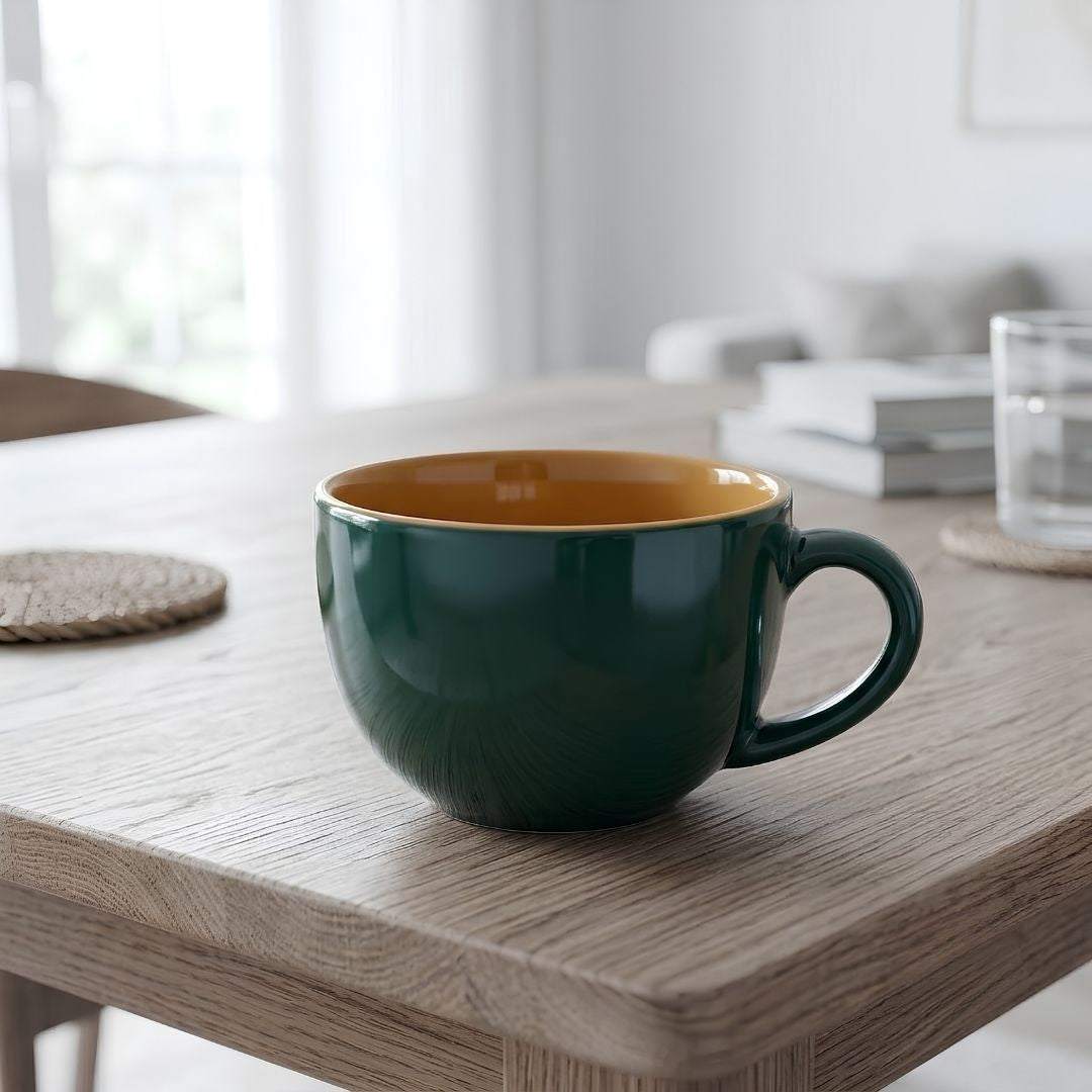 Green porcelain Harmony coffee mug with smooth finish and comfortable handle for cozy coffee moments