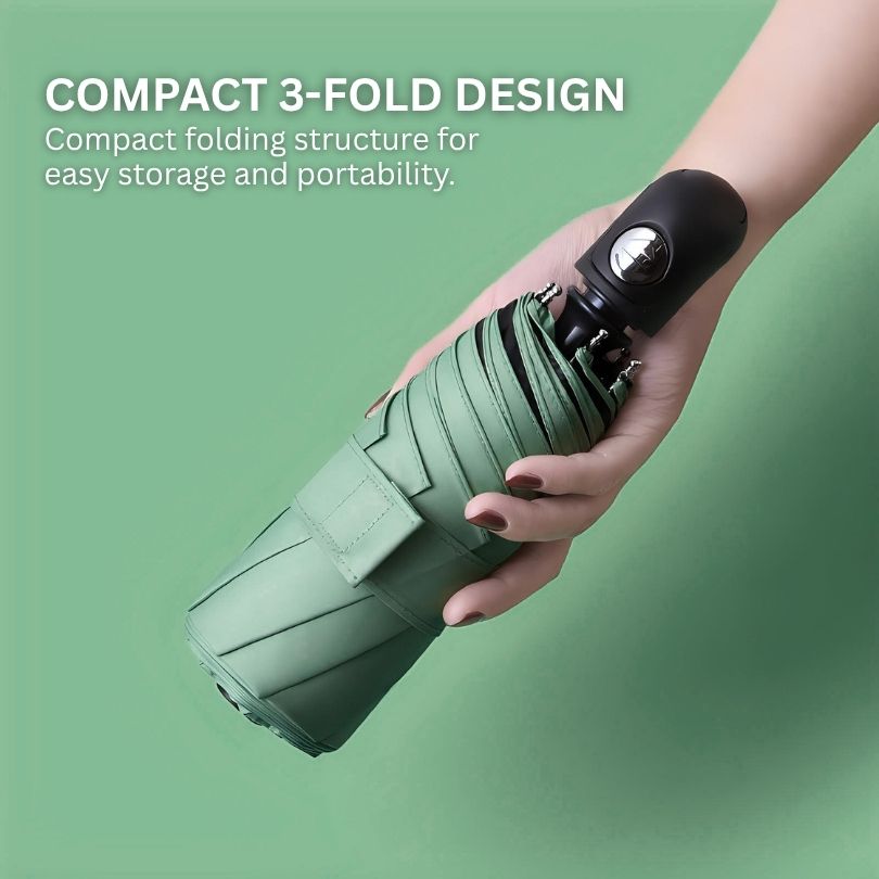 Hand holding a NertZ.in Rainloom compact 3-fold umbrella in green