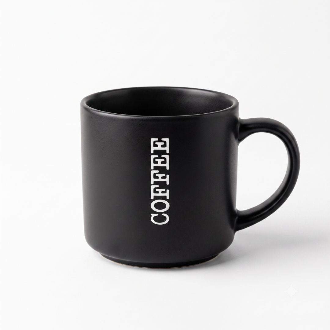 Pair of cozy ceramic coffee mugs in black and white with "coffee" text, 490ml capacity