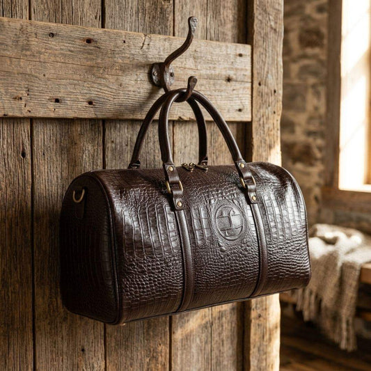 A dark brown textured leather nertz duffel bag hanging from a rustic metal hook on a weathered wooden wall, with a softly blurred interior room in the background.