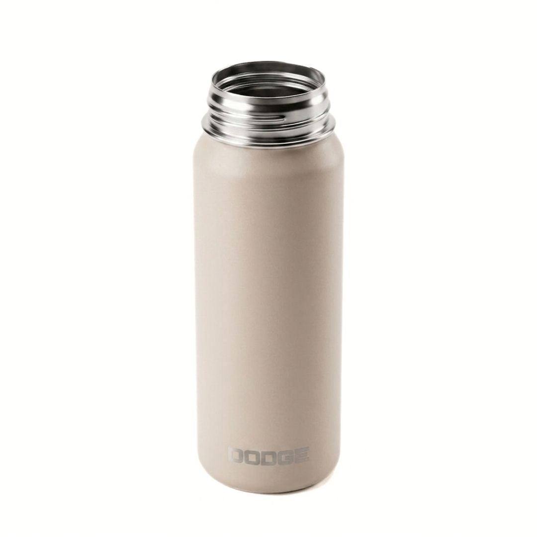 Dodge Chill 700 stainless steel insulated water bottle with flip-open lid and fabric handle in black and beige colors