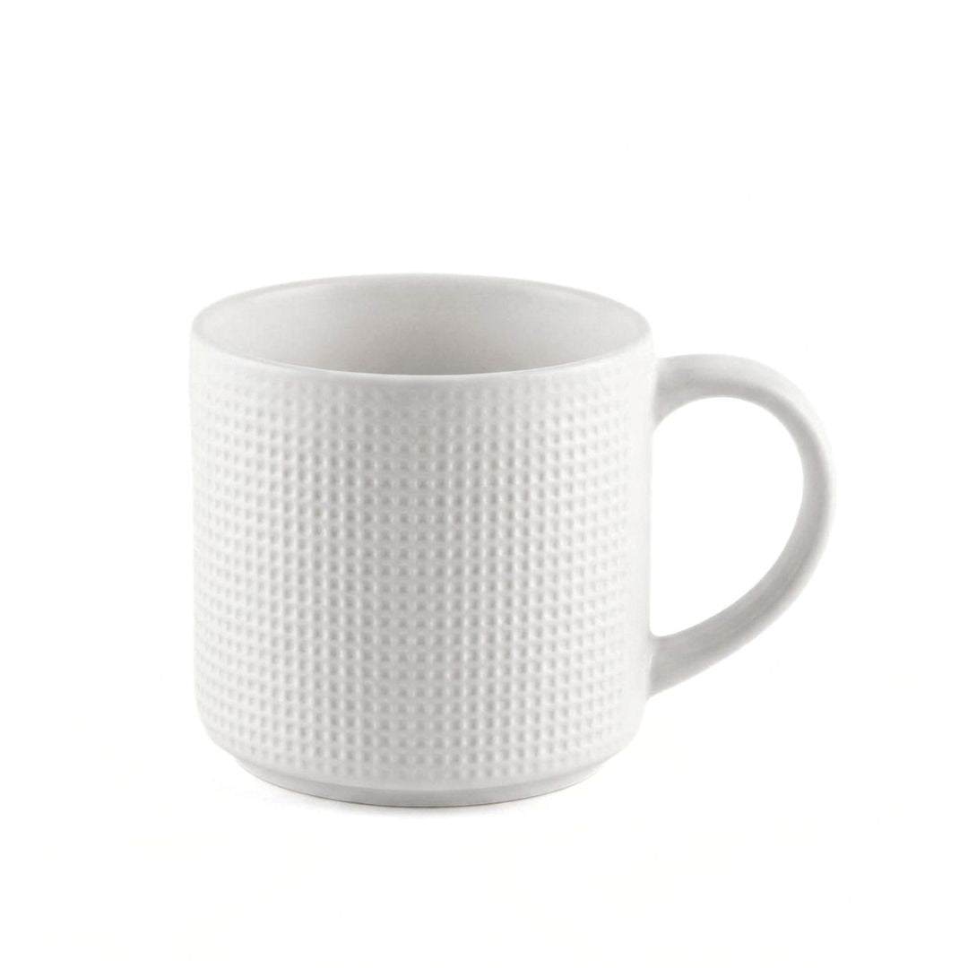 Two white and black porcelain Criss Cross Coffee Mugs with crisscross pattern, 490 ml capacity and comfortable handle.