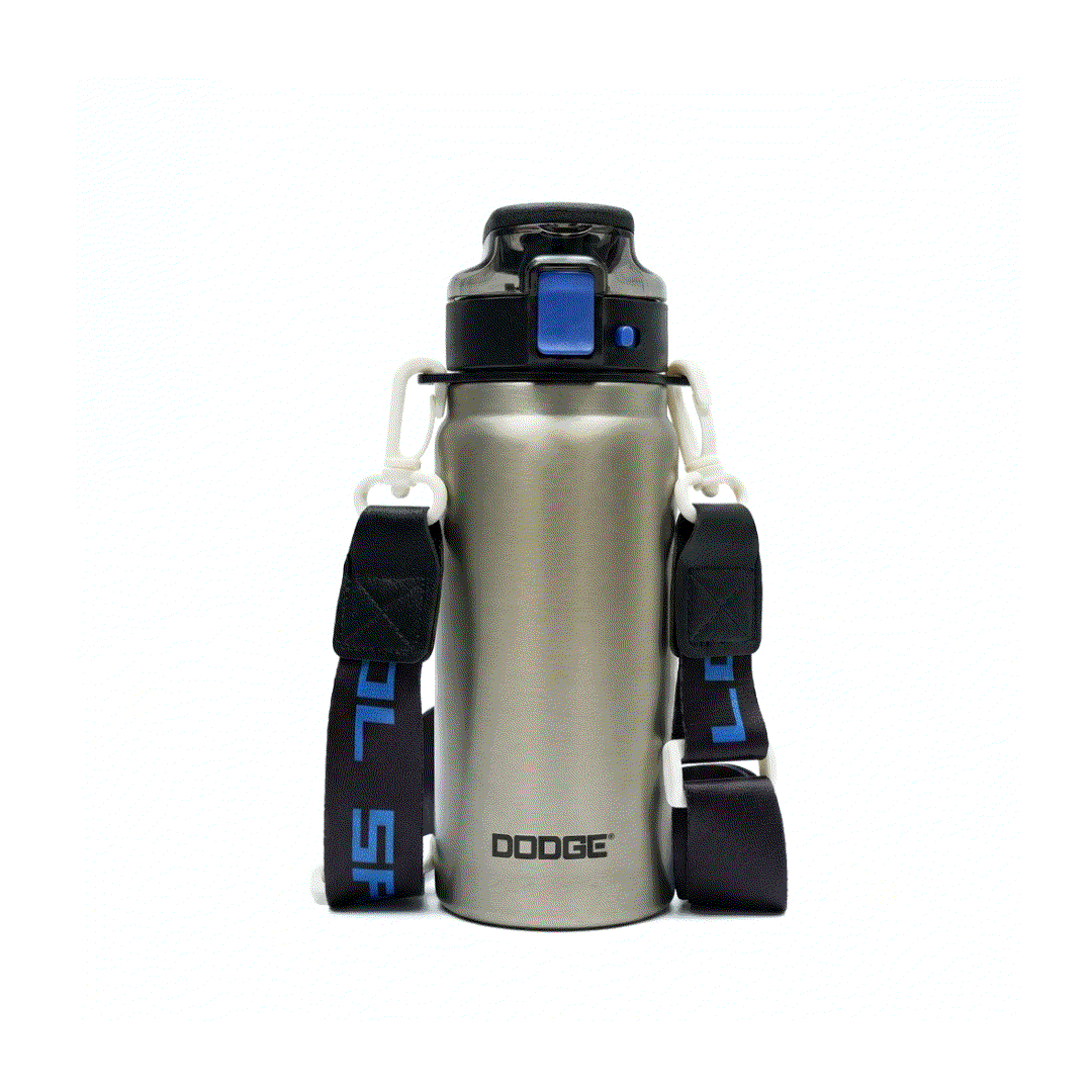 Dodge Blaze 620 stainless steel insulated water bottle with push-button flip lid and carry handle, black and silver design