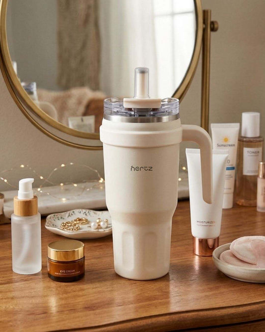 NertZ.in Drive & Sip Pro tumbler on a wooden vanity with skincare products and jewelry