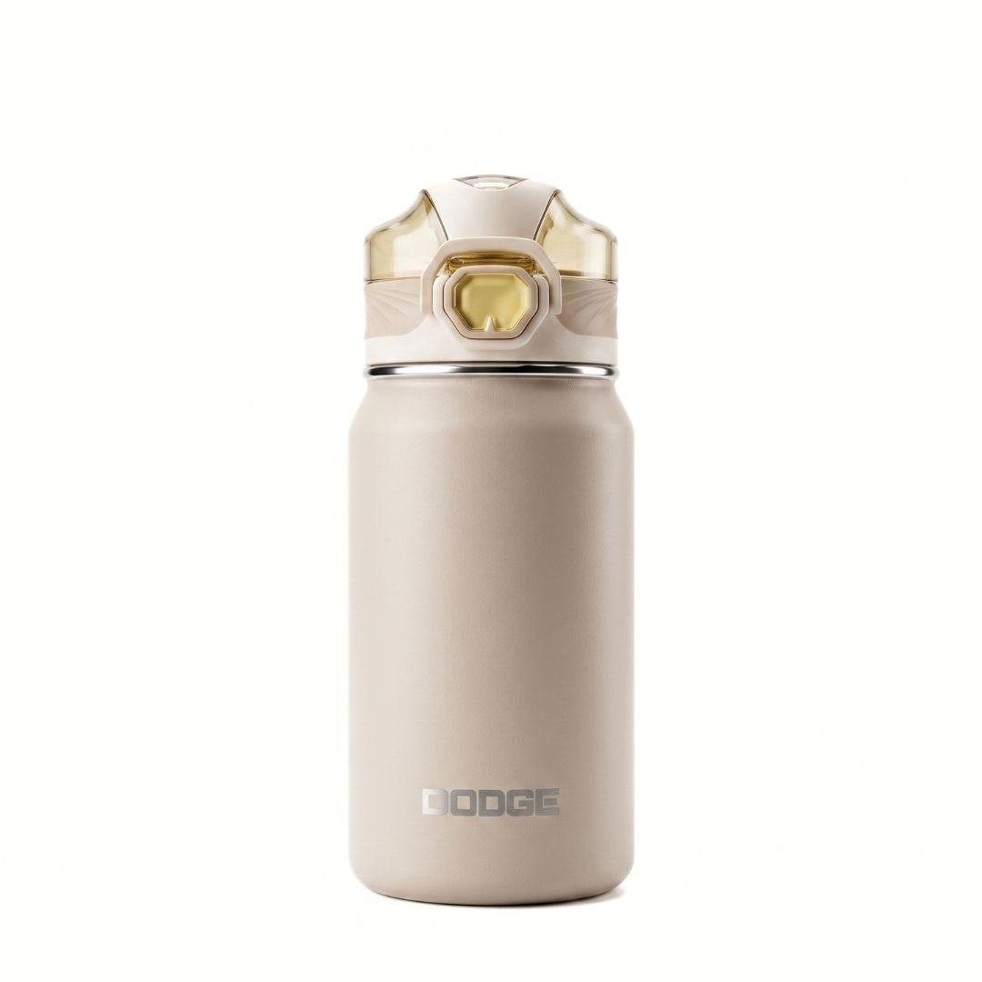 Dodge Chill 500 stainless steel insulated bottle with leak-proof push-button lid and removable straw in black and beige