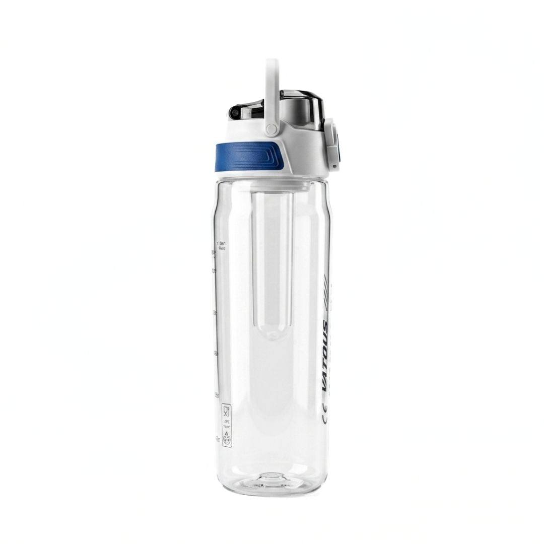 Nertz Aqua high-capacity water bottle with flip-top straw lid and built-in strainer in grey, blue, purple, and white colors
