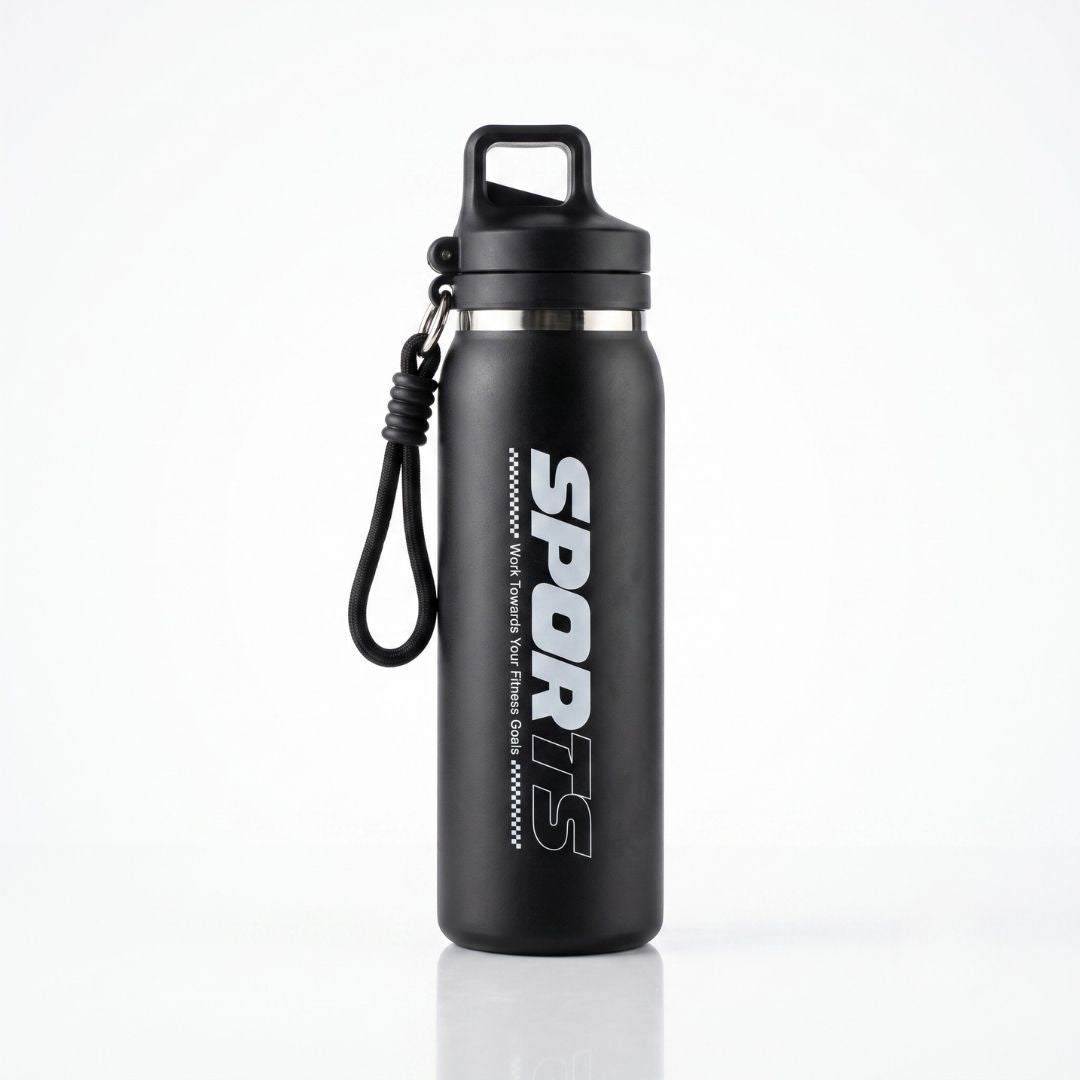 Nertz Active 600ml stainless steel insulated water bottle with push-button flip lid and fabric loop handle