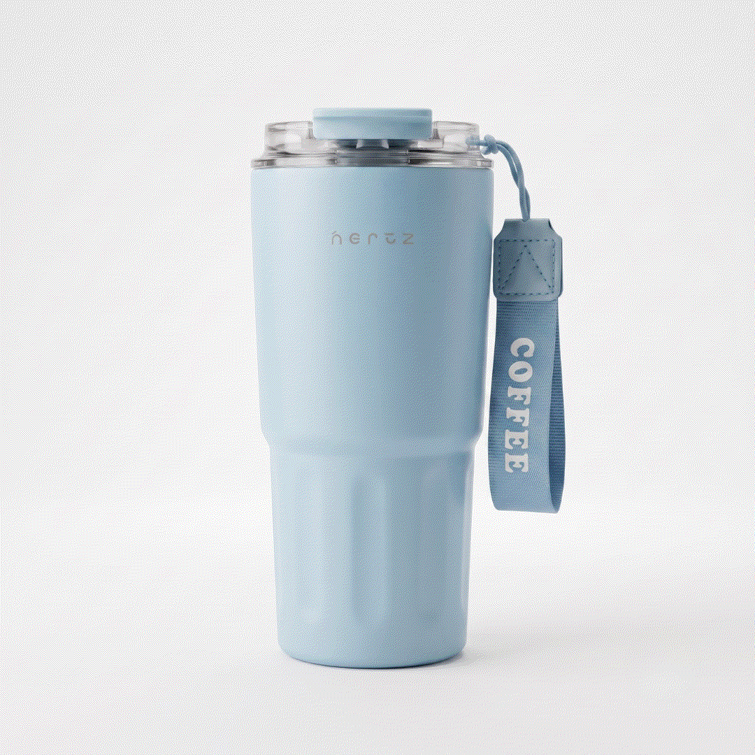 600 ml insulated stainless steel bottle with double-wall vacuum insulation, grooved grip, two interchangeable lids, and fabric carry loop in blue and white