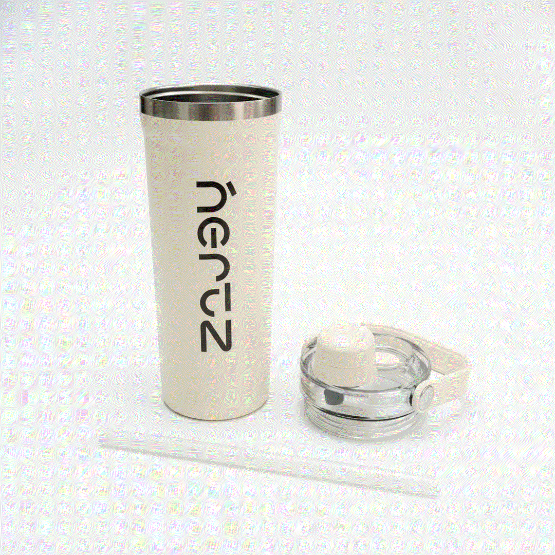 White Nertz Hydrae stainless steel vacuum insulated water bottle with integrated handle and twist open lid