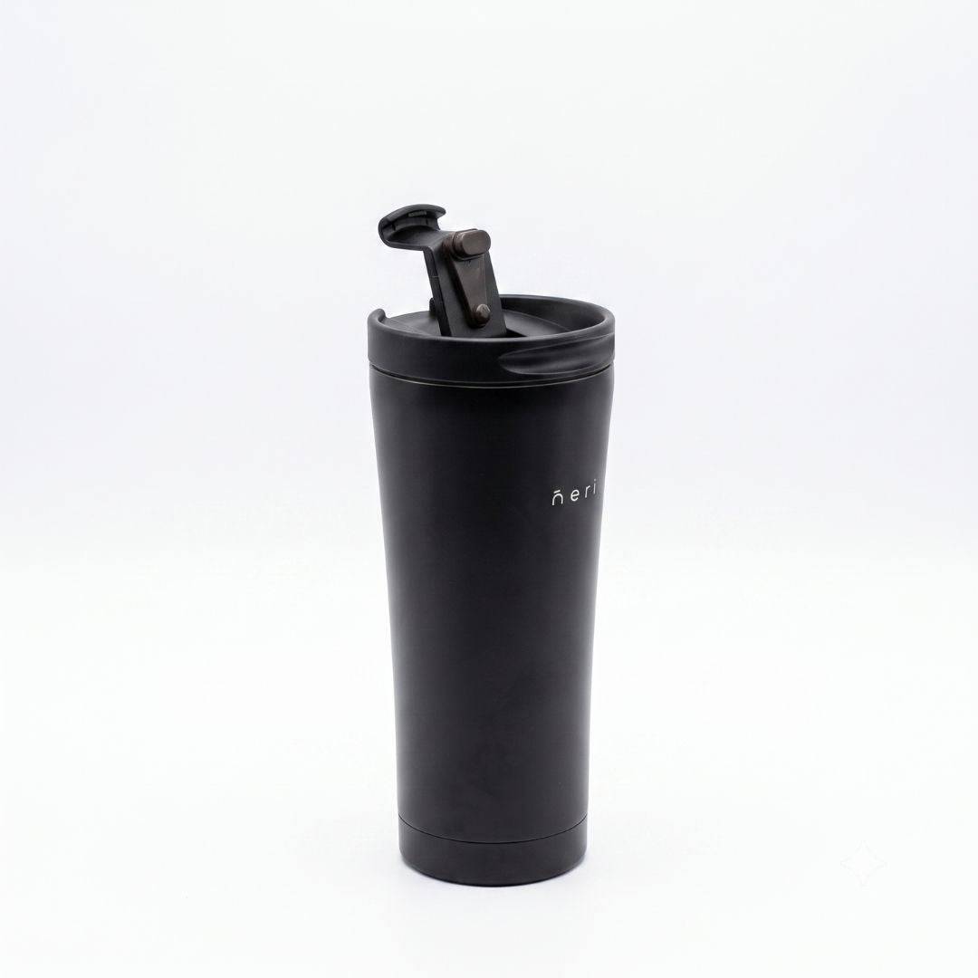 Nertz On the go black stainless steel insulated tumbler with leak-proof flip lid and matte finish for hot and cold drinks