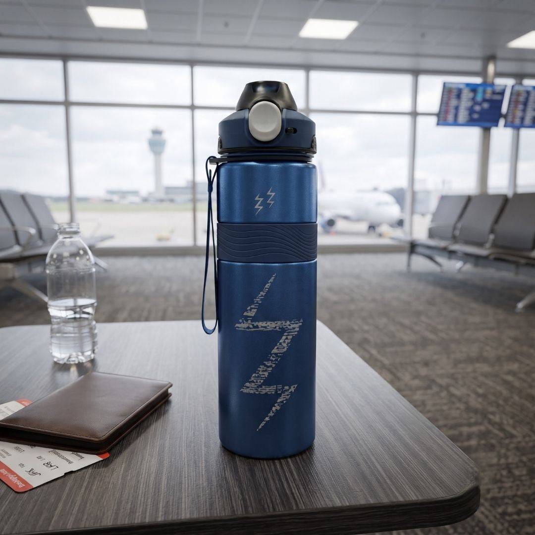 Nertz Aqua Gear 1000ml black blue grey sports water bottle with flip-top lid and fabric loop handle