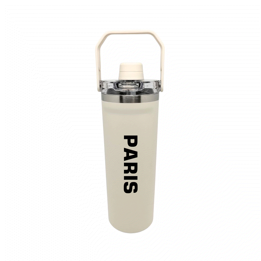 NertZ.in Travel with Nertz Edition water bottle in beige with PARIS printed vertically in black