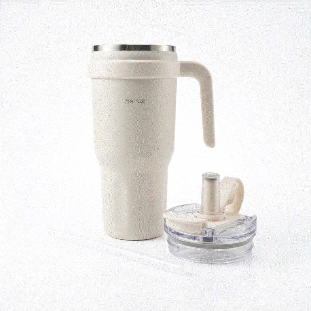 Drive & Sip Pro stainless steel insulated water bottle with integrated handle and dual lids for travel and workout hydration