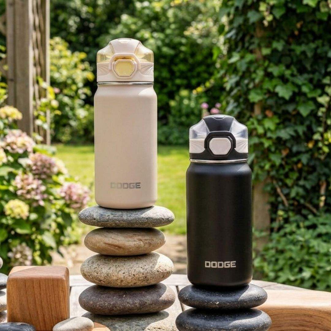 Dodge Chill 500 stainless steel insulated bottle with leak-proof push-button lid and fabric loop handle in black and beige