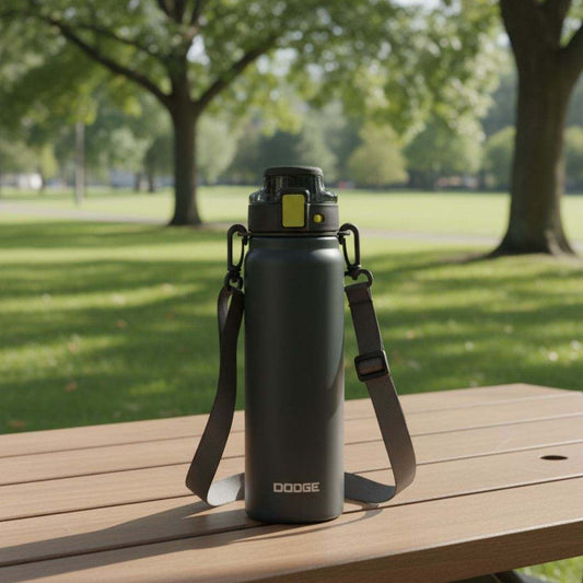 Dodge Blaze 800 stainless steel insulated water bottle with flip-top lid and carrying strap