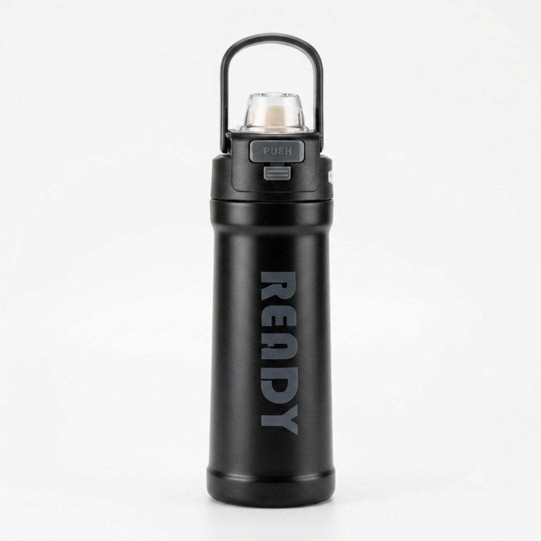 ReadyFlow bottle black and white stainless steel with flip-top lid and carry loop for gym and travel hydration