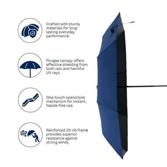 NertZ.in Blue Horizon umbrella with features: sturdy materials, pongee canopy, one-touch open/close, 10-rib frame
