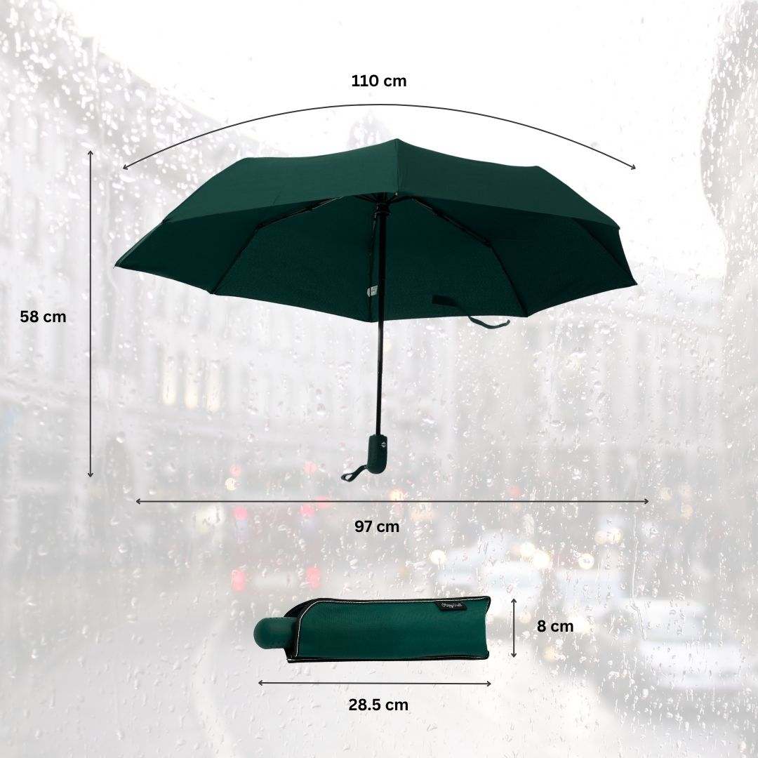 NertZ.in Dripshield umbrella in green, open and closed, with dimensions